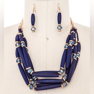 Blue & Gold Wooden Bead Layered Statement Necklace